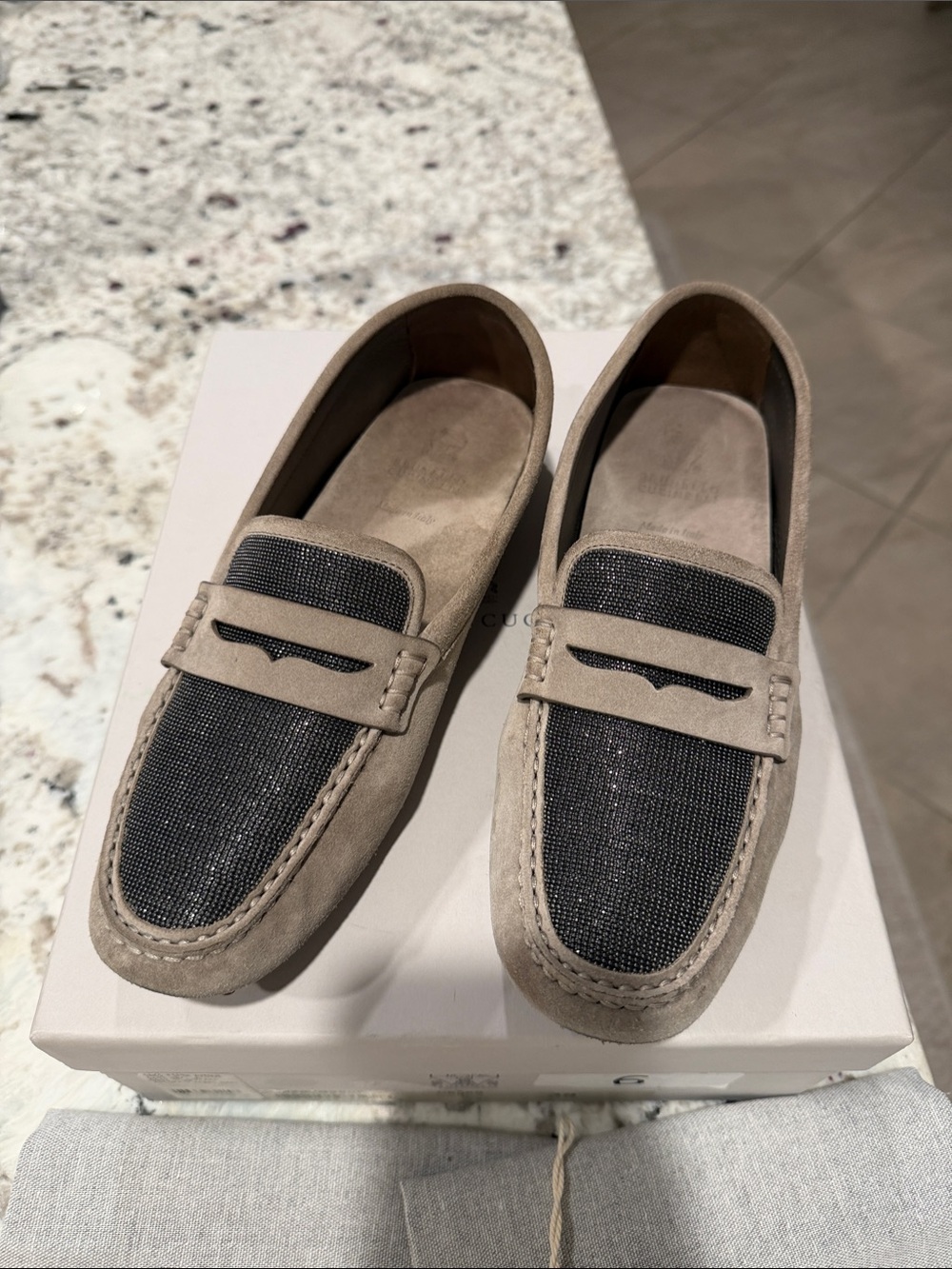 Brunello Cucinelli Taupe Suede Loafers with Black Textured Vamp
